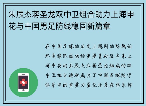 朱辰杰蒋圣龙双中卫组合助力上海申花与中国男足防线稳固新篇章