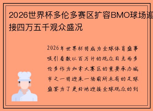 2026世界杯多伦多赛区扩容BMO球场迎接四万五千观众盛况