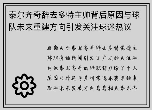 泰尔齐奇辞去多特主帅背后原因与球队未来重建方向引发关注球迷热议